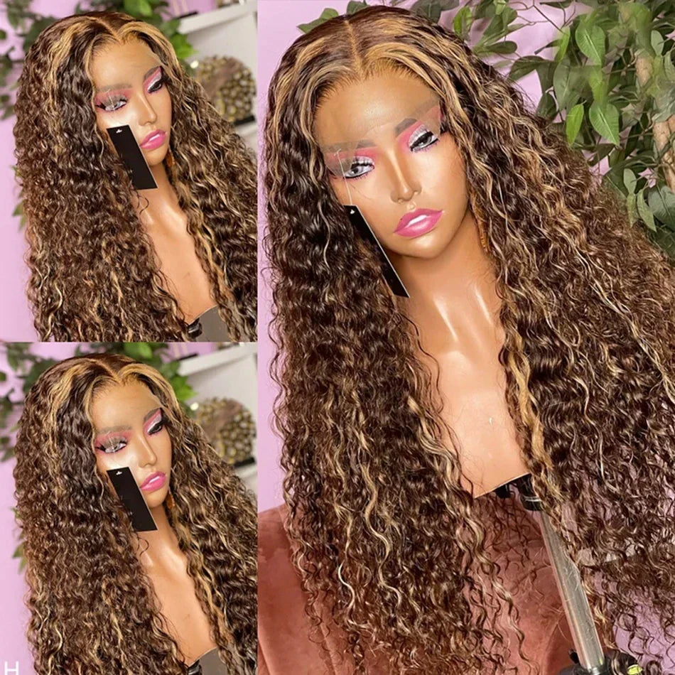 200 Density 30 Inch Highlight Honey Brown Curly  Lace Front Human Hair Wigs