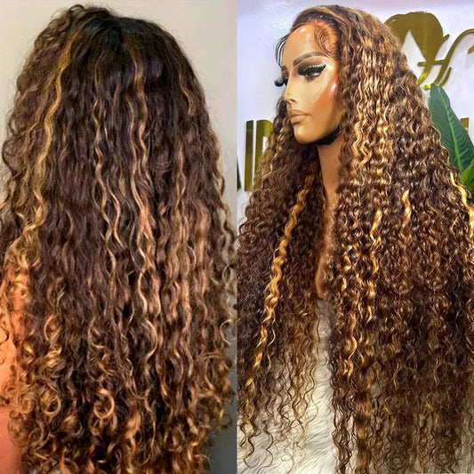 200 Density 30 Inch Highlight Honey Brown Curly  Lace Front Human Hair Wigs