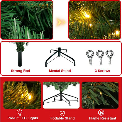 7.5ft Pre-lit Christmas Tree, Spruce Artificial Christmas Tree with Warm White Lights, Xmas Tree with Storage Bag and Metal Stand for Indoor and Outdoor Holiday Decoration