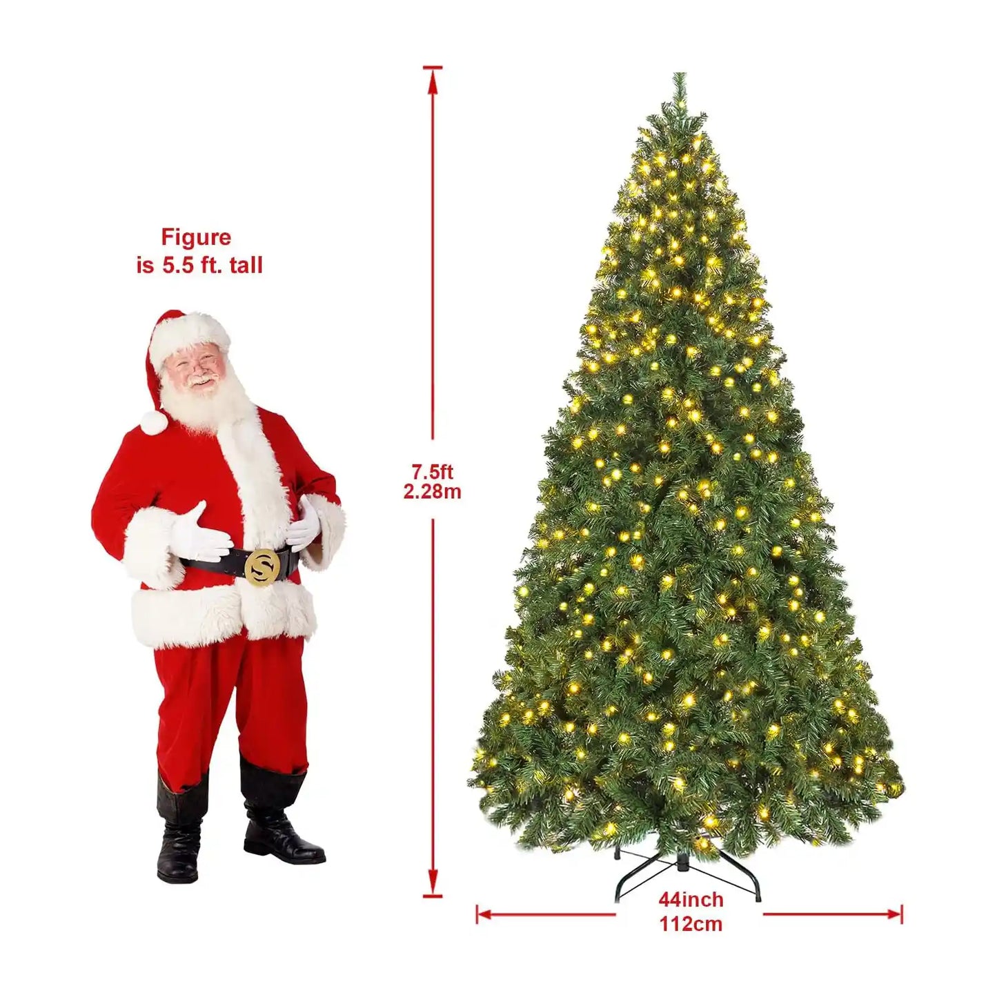 7.5ft Pre-lit Christmas Tree, Spruce Artificial Christmas Tree with Warm White Lights, Xmas Tree with Storage Bag and Metal Stand for Indoor and Outdoor Holiday Decoration