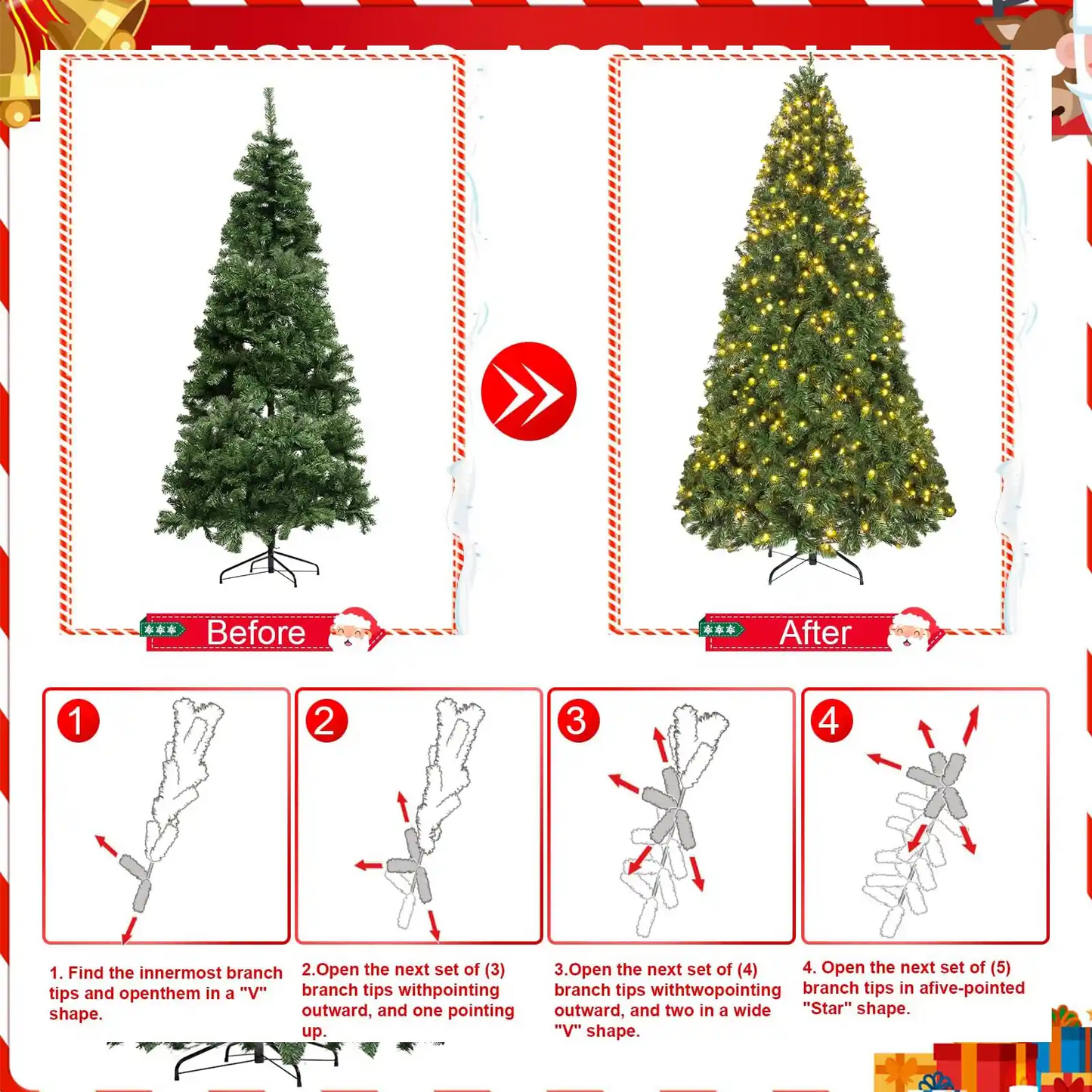 7.5ft Pre-lit Christmas Tree, Spruce Artificial Christmas Tree with Warm White Lights, Xmas Tree with Storage Bag and Metal Stand for Indoor and Outdoor Holiday Decoration